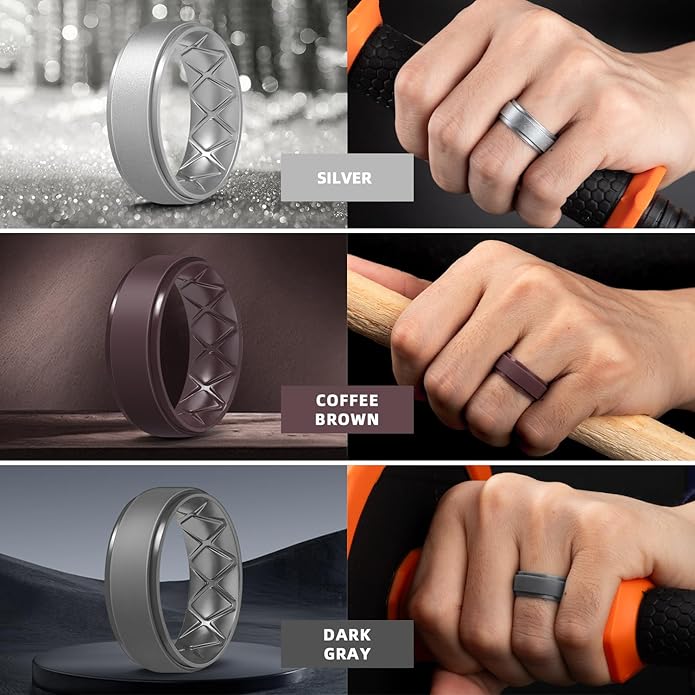 Egnaro Men's Rings 8.5mm Wide-2mm Thick Inner Arc Ergonomic Breathable Rubber Wedding bands-Hypoallergenic for Gym/Outdoor/Gift((1-7 Variety Pack with Half Size)