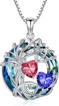 TOUPOP s925 Sterling Silver Family Celtic Tree of Life Pendant Necklaces with 2 Heart Birthstone with Blue Austrian Crystal Jewelry Birthday Valentines Day Gifts for Her, Anniversary Christmas Gifts for Wife Girlfriend Mom (18K Real White Gold Filled)