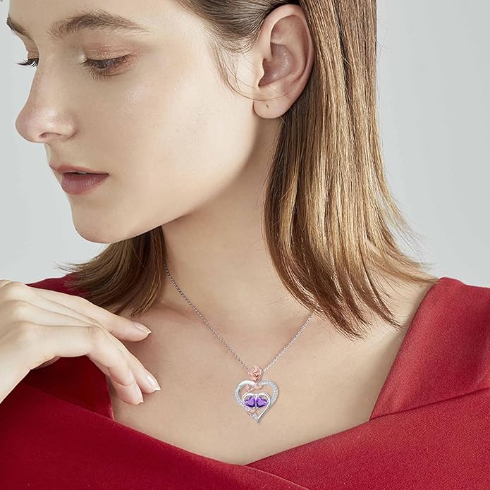 Rose Flower Heart Pendant for Women Birthday Gifts 18k Gold Plated Mother Daughter Necklace with 12 Months Birthstone Christmas Valentines Day Gifts for Her Mom Anniversarry Jewelry for Mom Wife Girlfriend
