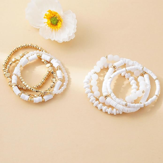 GOOJIDS Surfer Heishi Clay Bead Bracelets for Women Bohemian Stackable Gold Plated Beaded Stretch Bracelets Elastic Layering Friendship Bracelets Set Boho Jewelry