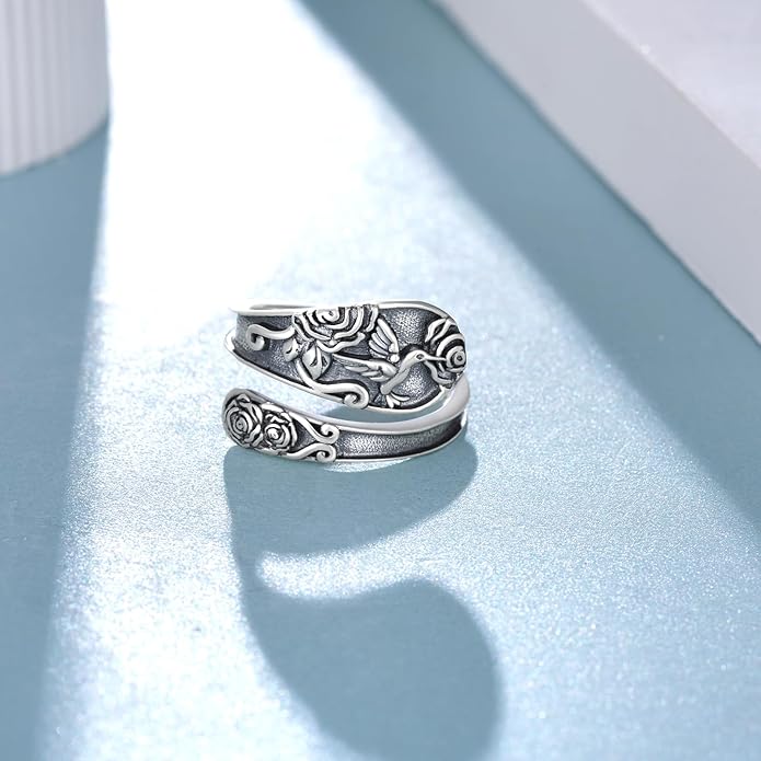 Hummingbird Spoon Ring 925 Sterling Silver Hummingbird Adjustable Thumb Rings for Women Humming bird Gift Ideas for Mom Wife