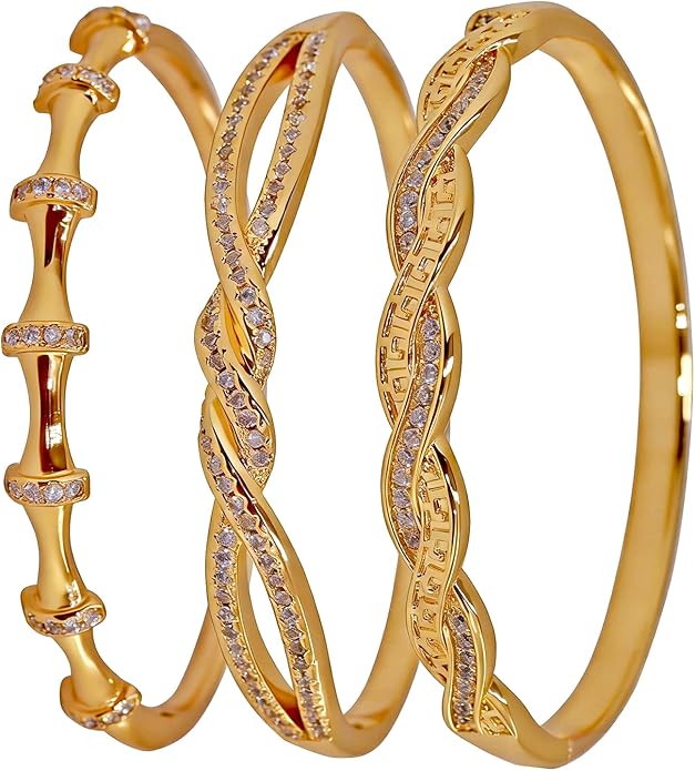 3PCS Gold Bangle Bracelet Set for Women, Bamboo Joint & Twisted Rope Design, Copper Inlaid with 3A Zircon, Stackable Trendy Jewelry, 2.4 Inch, Great Gift for Her Girlfriend Wife Mom Sister Lover on Birthday Christmas Valentine's Day Mother's Day
