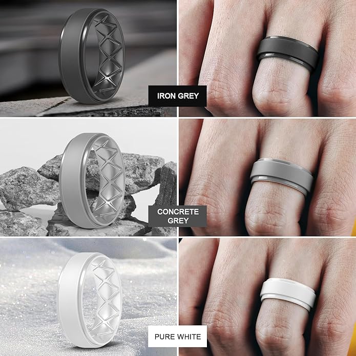 Egnaro Men's Rings 8.5mm Wide-2mm Thick Inner Arc Ergonomic Breathable Rubber Wedding bands-Hypoallergenic for Gym/Outdoor/Gift((1-7 Variety Pack with Half Size)