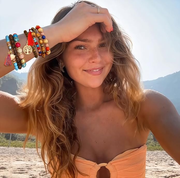 LOYALLOOK 8 Sets Bohemian Stackable Bead Bracelets for Women Stretch Multilayered Boho Stackable Bracelets Stack Beads Multicolor Beaded Strand Bangle Charm Bracelets Boho Tassel Bracelet Set Handmade