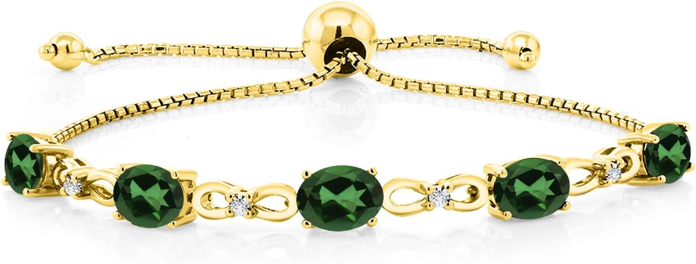 Gem Stone King 7X5MM Oval Cut Gemstone Birthstone and Accent Lab Grown Diamond Tennis Bracelet For Women In 18K Yellow Gold Plated Silver | Adjustable Bolo Bracelet For Women | Easy-On Easy-Off