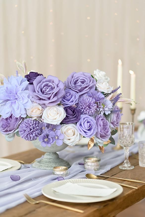 FACINOC Roses Artificial Flowers Purple Bouquets Mix Silk Dahlia - Image 6