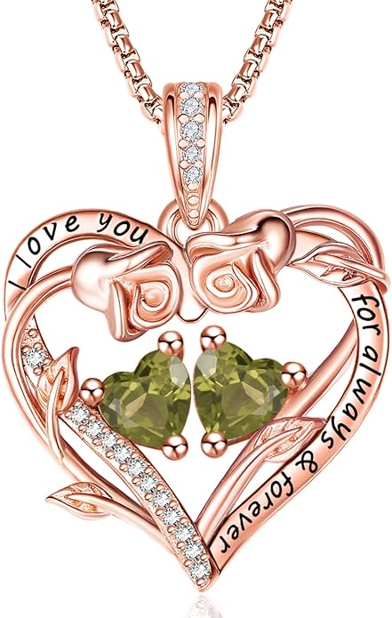 Rose Heart Necklaces for Women, Rose Gold Forever Love Jewelry with 2 Birthstones Pendant,Valentines Anniversarry Birthday Gifts for Her Wife Mom Grandma Daughter, 18+2 Inch Chain