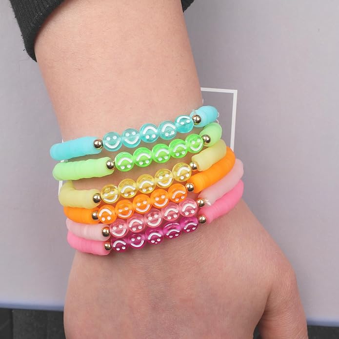 Bohemian Colorful Beaded Bracelets for Women Boho Stackable Natural Stone Letter Clay Glass Beads Stretch Bracelet Set with Charm, Cute Rainbow Friendship Bracelets for Summer Vacation