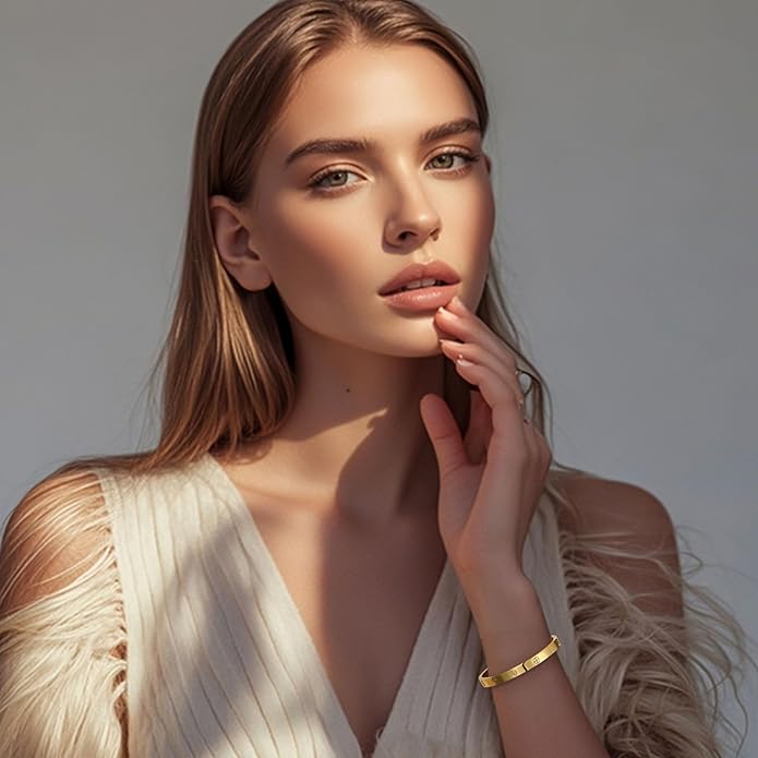 2Pcs 18K Gold-Plated Love Bangle Bracelets set for Women, Stainless Steel Cubic Zirconia Bangle Crystal Friendship Jewelry, Easter Wedding Birthday Gifts for Girlfriend, Wife, Monther