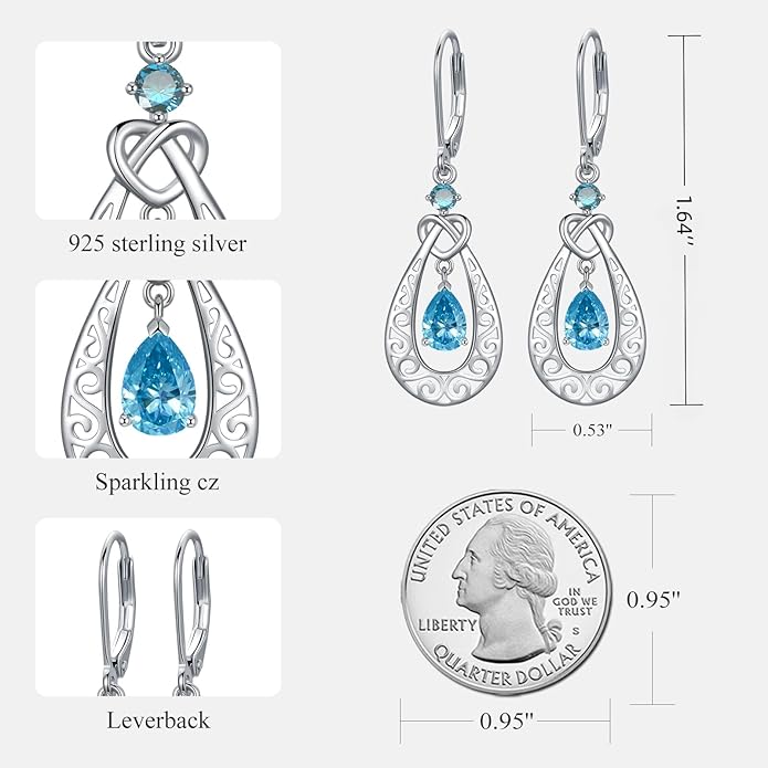 Teardrop Birthstone Dangle Drop Earrings Sterling Silver Infinity Filigree Leverback Earrings, Infinity Love Birthday Anniversary Valentines Day Gifts for Her Women Mom Wife