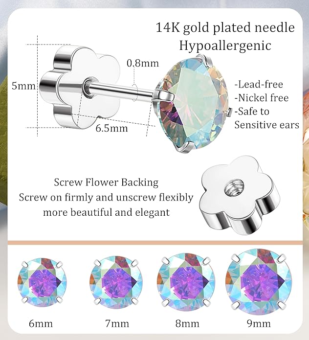4Pairs AB Cubic Zirconia Earrings Studs Flat Back Earrings for Women 14K Gold CZ Flatback Stud Earrings Hypoallergenic Cartilage Nap Earrings