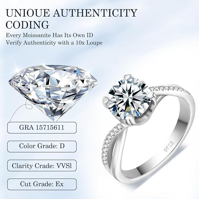 Moissanite Engagement Ring for Women, 2CT D Color VVS1, 925 Sterling Silver with 18K White Gold Plated, Twisted Moissanite Wedding Ring, Anniversary Promise Ring with Gift Box, Size 4.5-9