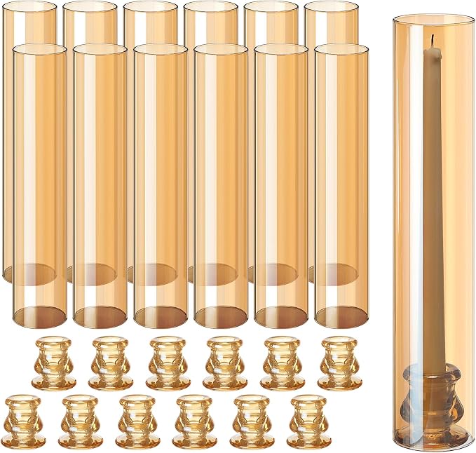 Teenyyou 12 Set Glass Hurricane Candle Holders Candlestick Bulk 12.6", Amber | by Teenyyou