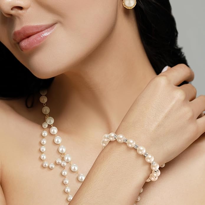 Glenmal Pearl Rhinestone Jewelry Set for Women Pearl Necklace Bracelet Earrings for Wedding Birthday Bridal Shower Tea Party