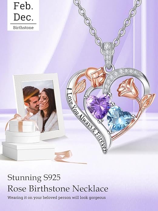 Valentine's Day Gifts for Wife 925 Sterling Silver Double Birthstone Pendant Necklaces I Love You for Always and Forever Necklace Anniversary Birthday Gifts for Wife Girlfriend Mom Her
