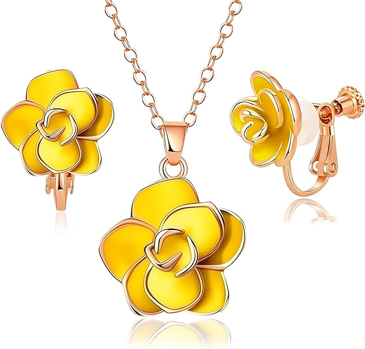 Dainty Rose Flower Pendant Necklace Clip On Earrings Set for Women 14K Gold Plated Hypoallergenic Jewelry Sets