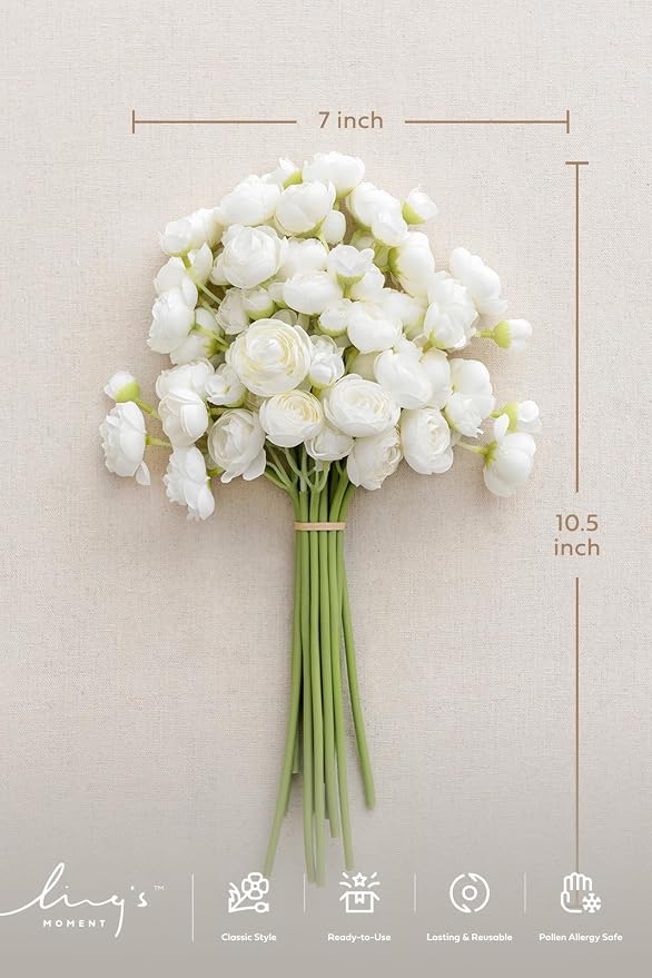 Ling's moment Fake Flowers Artificial Flower Faux Silk Ranunculus Ivory | Silk - Image 4