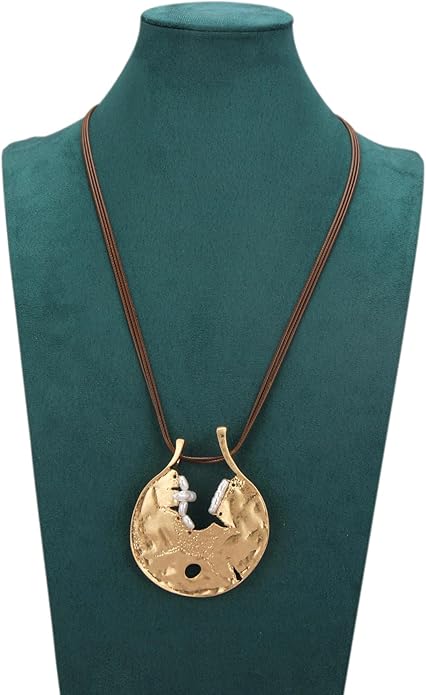 GelConnie Leather Necklace for Women Large Pendant Long Brown Necklace Circle Leather Choker Vintage Sweater Necklace Gold Chunky Boho Necklaces for Women