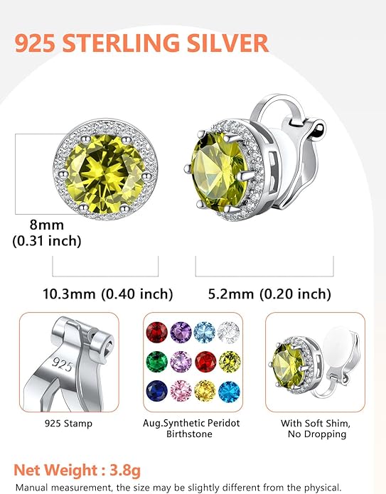 Silvora 925 Silver 8MM Cubic Zirconia Birthstone Clip On Stud Earrings Round Non Pierced Earrings For Women,Come with Box