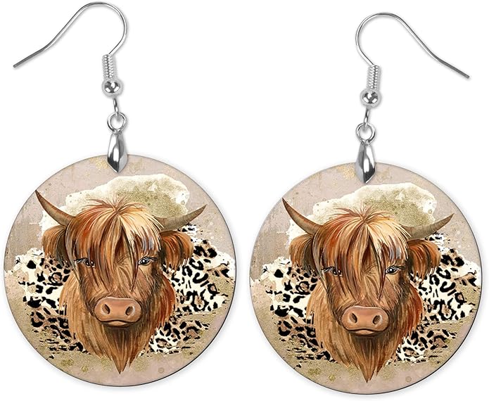 Round Wood Earrings Light Weight Printed Image Dangle Jewelry