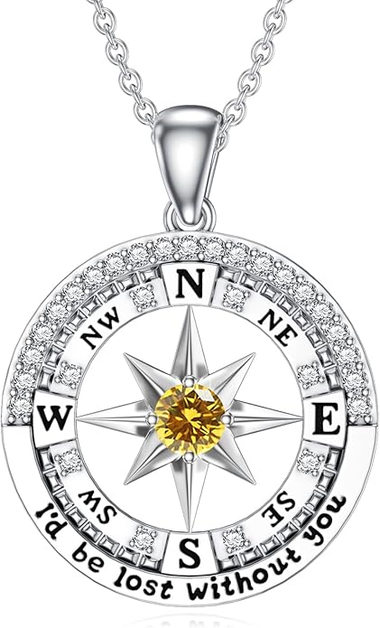 Compass Birthstone Necklace Gift for 2025 Graduation 925 Sterling Silver Compass ‘I'd be Lost Without You’ Pendant Necklaces Jewelry for Women Her Wife Gift for Birthday Anniversary