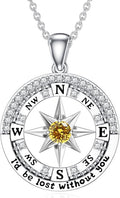 Compass Birthstone Necklace Gift for 2025 Graduation 925 Sterling Silver Compass ‘I'd be Lost Without You’ Pendant Necklaces Jewelry for Women Her Wife Gift for Birthday Anniversary