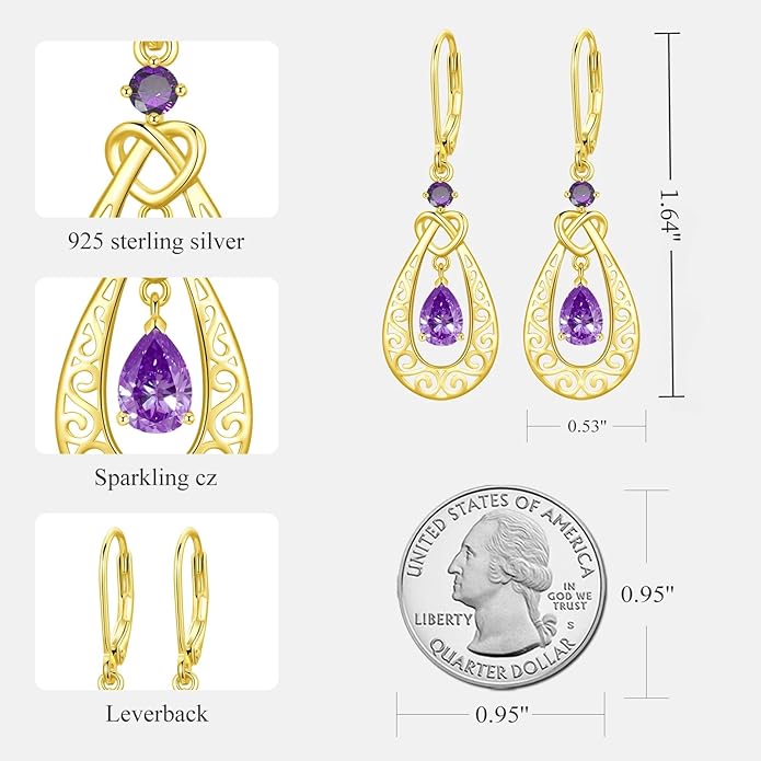 Teardrop Birthstone Dangle Drop Earrings Sterling Silver Infinity Filigree Leverback Earrings, Infinity Love Birthday Anniversary Valentines Day Gifts for Her Women Mom Wife