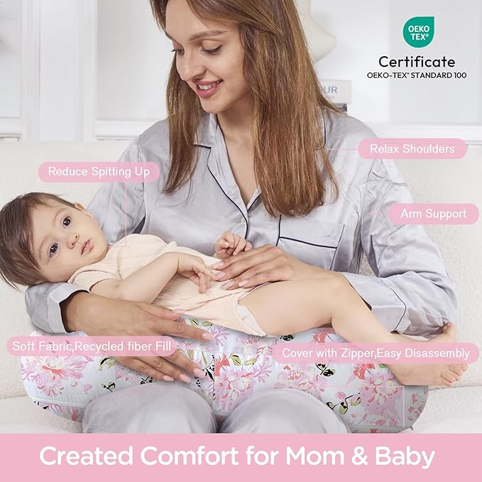 Little Grape Land Nursing Pillow,Upgraded Breast Feeding Pillow for Mom,Breastfeeding & Bottle Feeding for 0–12 Months, Soft Machine Washable Cover with firm breathable filling, Tummy Time,Rose Floral