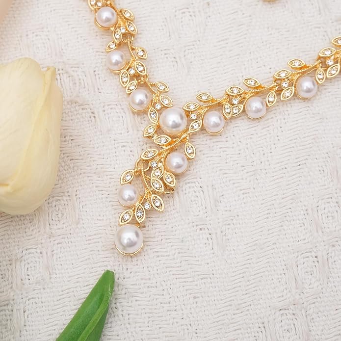 CSY Elegant Bridal Necklace Earrings Bracelets Leaves Shape Wedding Prom Dress Accessories Rhinestones Jewelry Sets for Bride Bridesmaid