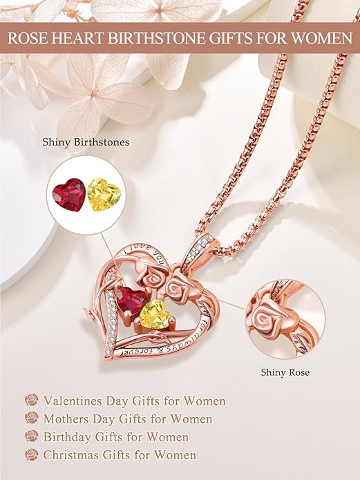Rose Heart Necklaces for Women, Rose Gold Forever Love Jewelry with 2 Birthstones Pendant,Valentines Anniversarry Birthday Gifts for Her Wife Mom Grandma Daughter, 18+2 Inch Chain