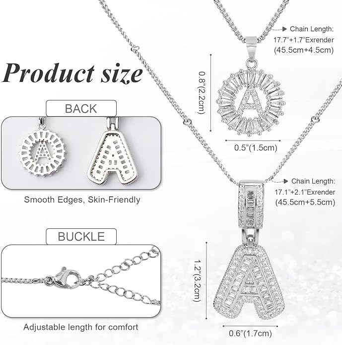 Initial Letter Necklace for Women 14k White Gold Silver Plated Dainty Necklaces Trendy Chunky Custom Layered Necklace Set Personalized Round Circle Zirconia A-Z Letter Chain Pendant Jewelry Gift