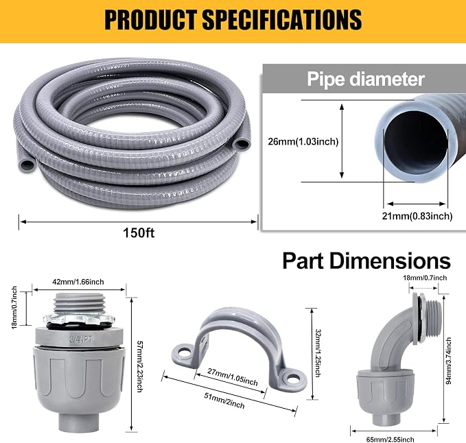 3/4 inch 150 Foot Liquid-Tight Conduit and Connector Kit, Flexible Non Metallic - Image 2