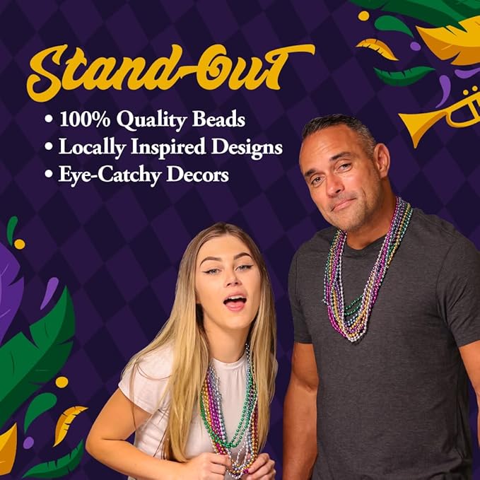 THE MARDI GRAS KREWE - Beads Necklaces Mardi Gras 72 Pack, 6 Dozen 33" 7mm - Party Favors, Parades, Bulk Decorations, Costumes, Festivals, Events - Assorted