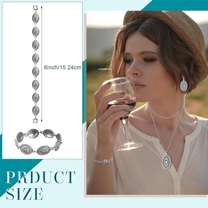 Haysandy 4 Pcs Turquoise Western Jewelry Sets for Women Bohemian Vintage Concho Necklace Classic Dangle Earrings Bracelet Belt