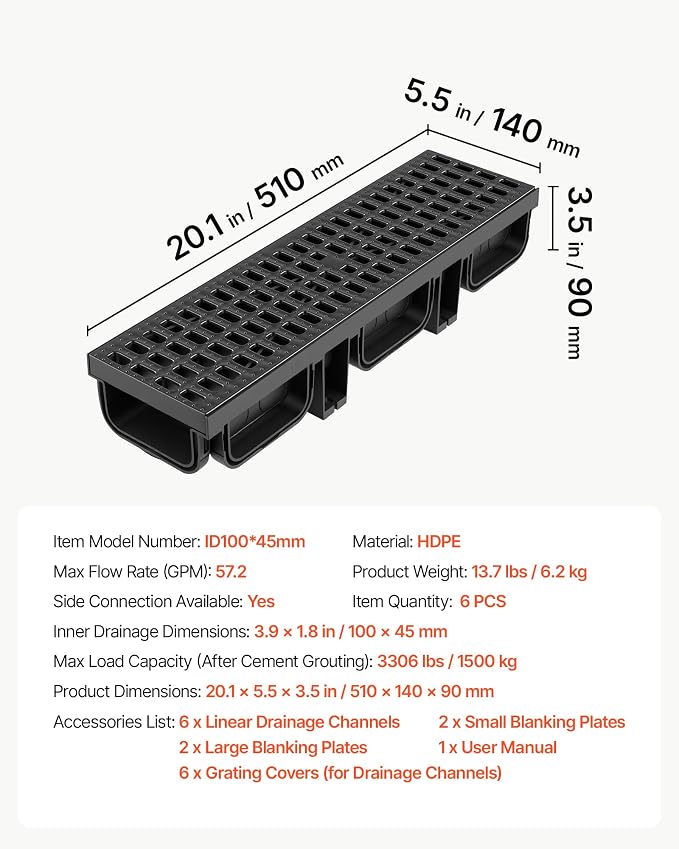 VEVOR Trench Drain, 20.1 x 5.5 x 3.5 in, 6 Pack Linear Drainage Channel - Image 7