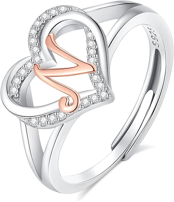 INFUSEU 925 Sterling Silver Initial Heart Ring for Women Girls, Adjustable Size