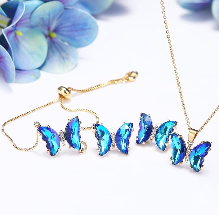 MISS RIGHT Butterfly Crystal Jewelry Set with Butterfly Necklace Stud Earrings Bolo Bracelet Adjustable Ring for Women Trendy, Iridescent Y2K Dainty Butterfly Jewelry Gifts