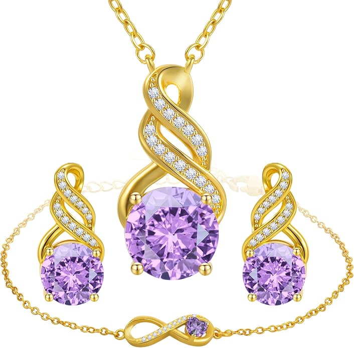 Jewelry Sets for Women-18K Gold Plated Dainty Birthstone Pendant,Trendy Necklace Earrings Infinity Bracelets Set,Ideal Jewelry Gifts for Her Mom
