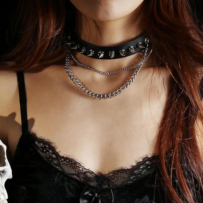HZMAN Fashion Women Men Cool Punk Goth Metal Spike Studded Link Leather Collar Choker Necklace