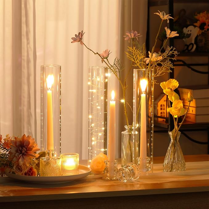Teenyyou 8 Set Glass Hurricane Candle Holders Candlestick Bulk 12.6", Open - Image 6