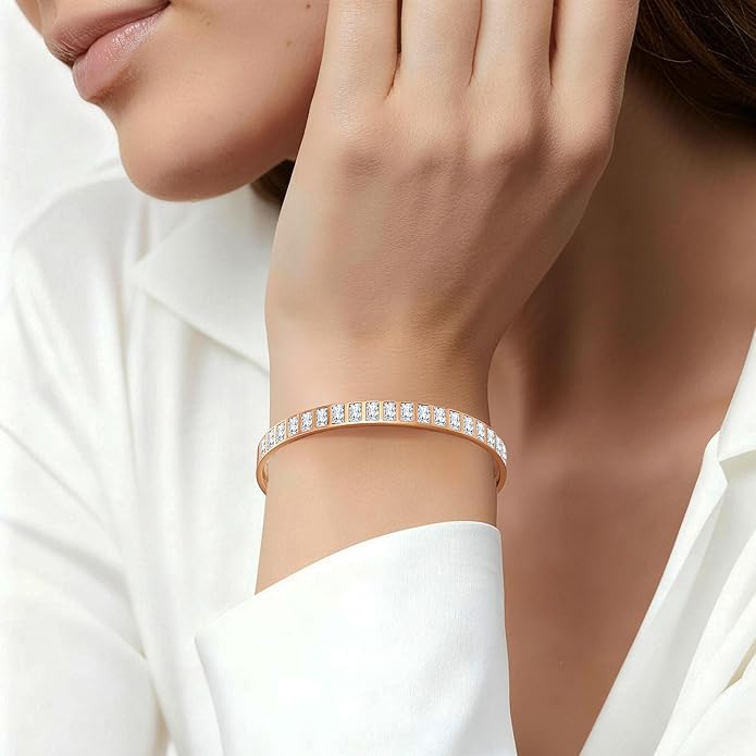 Rose Gold Plated Bracelets for Women, 5A Sparkling Square Cubic Zirconia Waterproof Never Tarnish Bangle Bracelet Jewelry, Equipped with Gift Box, Valentines Mother's Day Birthday Christmas Gifts for Women