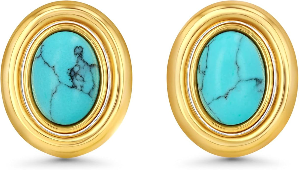 18K gold plated Medium Oval Button Chunky Statement Earrings for Women by SNGIA, (Turquoise, Carnelian, Aventurine, Amethyst, Malachite, Cat Eye, White, Cream) Bold Handmade Colored (Red, Blue, Green, White, Cream, Purple) Exaggerated Dome Retro Rounde...