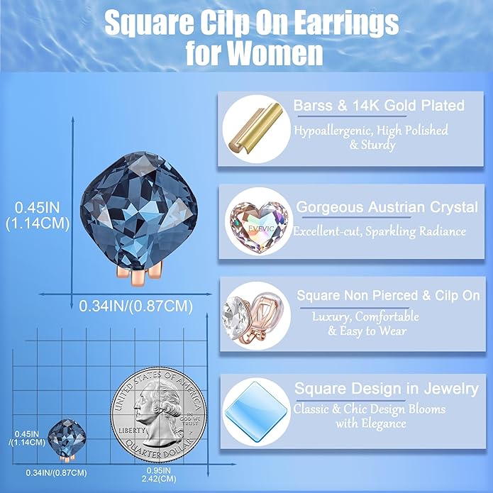 EVEVIC Austrian Crystal Square Cilp On Earrings for Women 14K Gold Plated Non Pierced for Sensitive Ears Jewelry Gifts for Anniversary