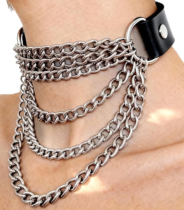 Gothic PU Leather Chain Choker for Women, Adjustable Multi-Layer Alloy Chain Collar, Punk Rock Festival Necklace, Edgy Goth Choker for Rave, Party, Clubwear Accessories (Fits neck 13.2-15.2in)