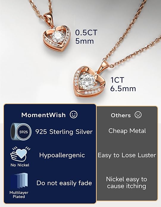 MomentWish Heart Necklace for Women Moissanite, Simulated Diamond, 925 Sterling Silver