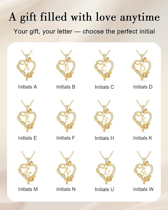 Initial Heart Necklace Gift for Women – 14K Gold Plated Rose Pendant, Personalized Letter Jewelry for Wife, Mom, Grandma, Sister – Birthday, Anniversary for Her