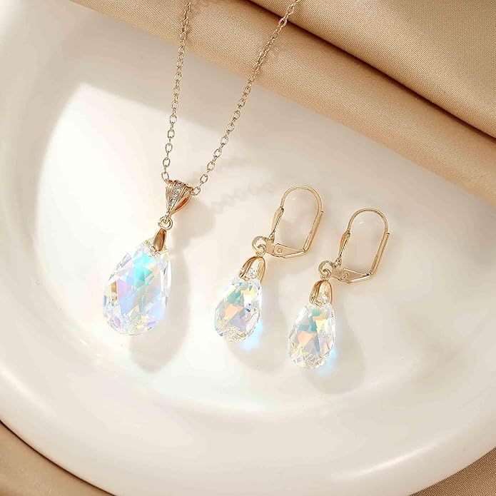 EVEVIC Austrian Crystals Teardrop Pendant Necklace Earrings for Women 14K Gold Plated Hypoallergenic Leverback Drop Dangle Earrings Jewelry Set