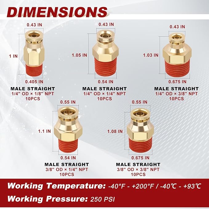 50PCS Male Straight Brass Union Kit, 1/4"-3/8" Tube x NPT, 5 Sizes | DOT - Image 5
