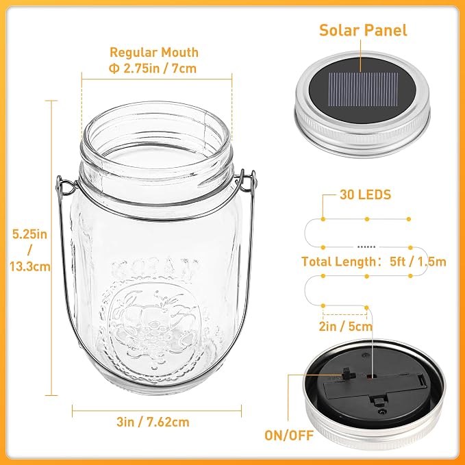 GIGALUMI Solar Mason Jar Lights, 12 Pack 30 Led String Fairy Lights | Garden - Image 2