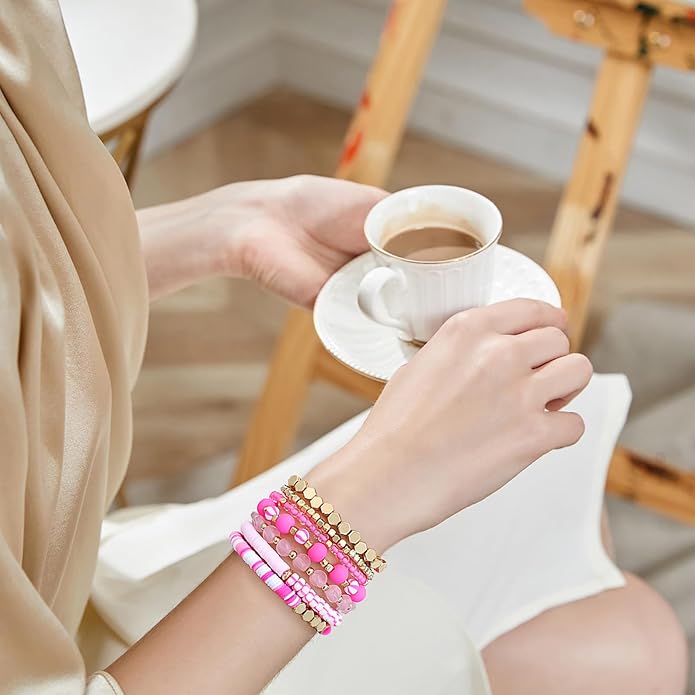 GOOJIDS Surfer Heishi Clay Bead Bracelets for Women Bohemian Stackable Gold Plated Beaded Stretch Bracelets Elastic Layering Friendship Bracelets Set Boho Jewelry